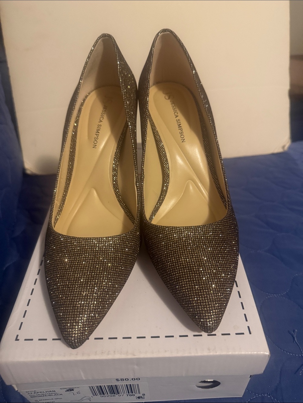 Jessica Simpson Metallic Glitter Pointed Toe Pumps — Bronze/Black 7.5